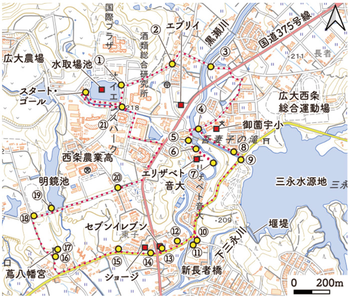 現在の地図（地理院地図）に示した散策ルートと観察地点