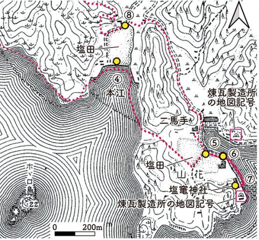 図2 明治期の二馬手周辺の地形図。2万分の1地形図「三津町」（明治31年測図）