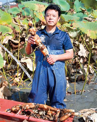 収穫したてのレンコンを持つ川上社長