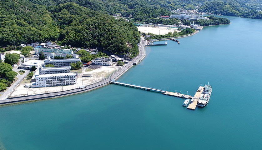 島にある広島商船。右の奥が校舎、左下が寮