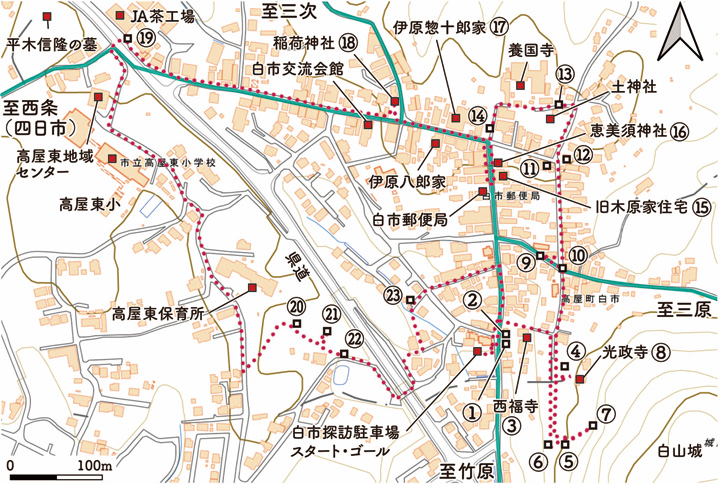 図1　地理院地図に示した散策ルートと観察地点
　　緑色は江戸時代の街道ルート