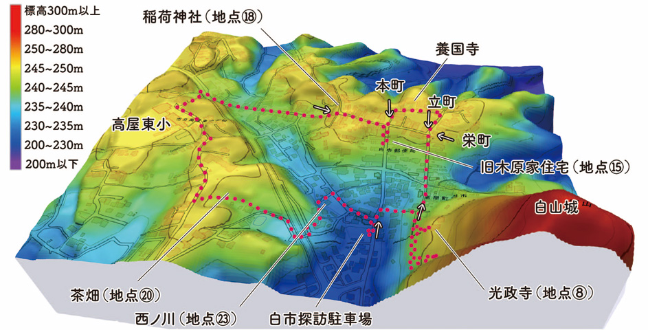 図2　白市集落の色別標高鳥瞰図
地理院地図より作成。高さは水平方向に対して2.5倍に強調