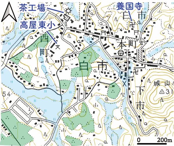 図2　昭和50年代の白市周辺の茶畑（緑色）と谷（水色）
基図：昭和54（1979）年発行 2.5万分の1地形図「白市」